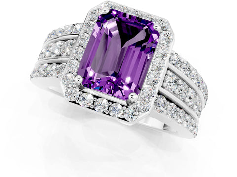 White gold Emerald Cut Halo Amethyst Ring with Split Shank and Four-Prong Setting_1
