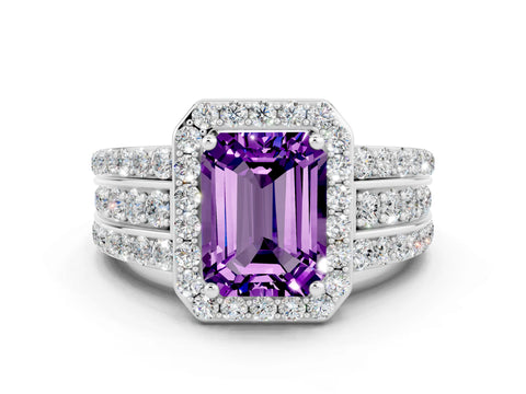 White gold Emerald Cut Halo Amethyst Ring with Split Shank and Four-Prong Setting