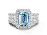 White gold Emerald Cut Halo Aquamarine Ring with Round  Split Shank and Prong Setting_12