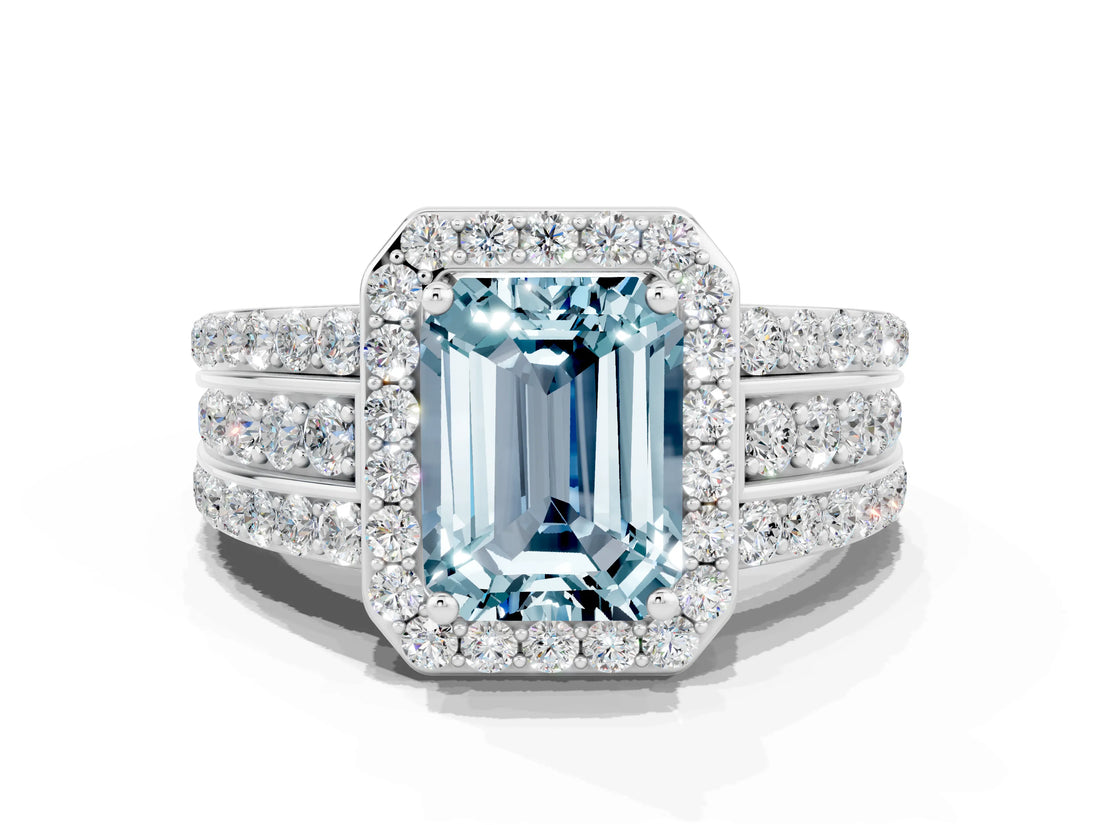 White gold Emerald Cut Halo Aquamarine Ring with Round  Split Shank and Prong Setting_12