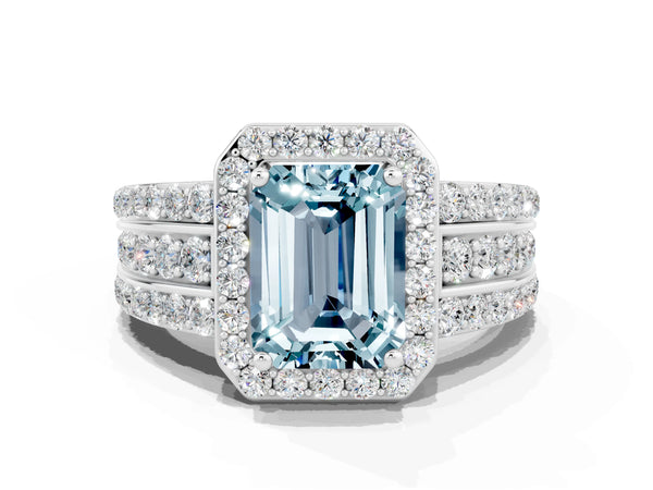 Silver Emerald Cut Halo Aquamarine Ring with Round  Split Shank and Prong Setting