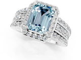 White gold Emerald Cut Halo Aquamarine Ring with Round  Split Shank and Prong Setting_13