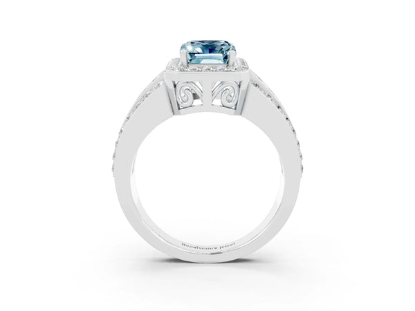 Platinum Emerald Cut Halo Aquamarine Ring with Round  Split Shank and Prong Setting
