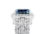White gold Emerald Cut Halo Aquamarine Ring with Round  Split Shank and Prong Setting_17