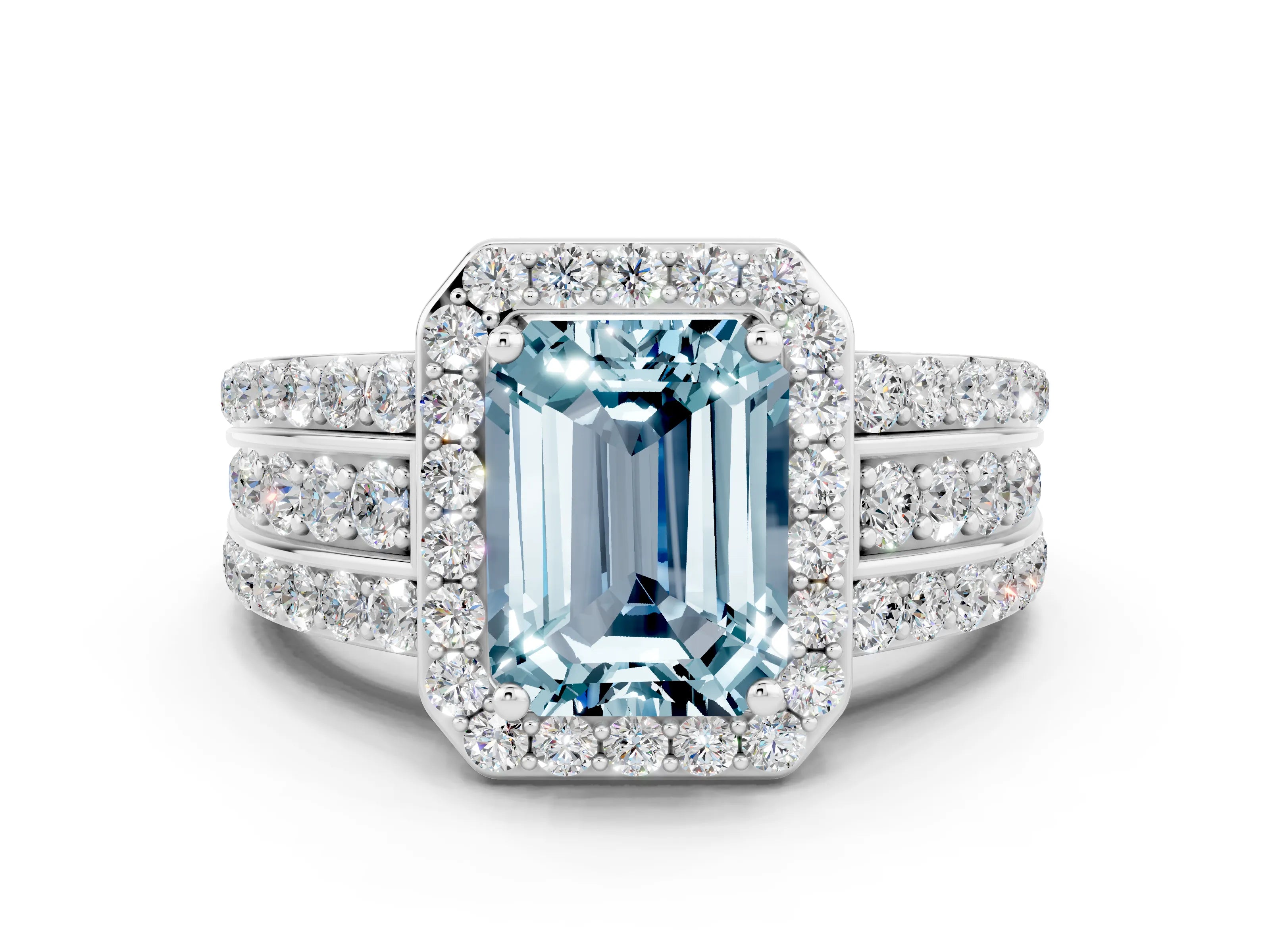 White gold Emerald Cut Halo Aquamarine Ring with Split Shank and Four-Prong Setting