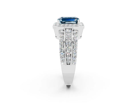 White gold Emerald Cut Halo Aquamarine Ring with Split Shank and Four-Prong Setting_2