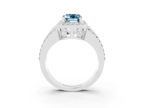 White gold Emerald Cut Halo Aquamarine Ring with Split Shank and Four-Prong Setting_3