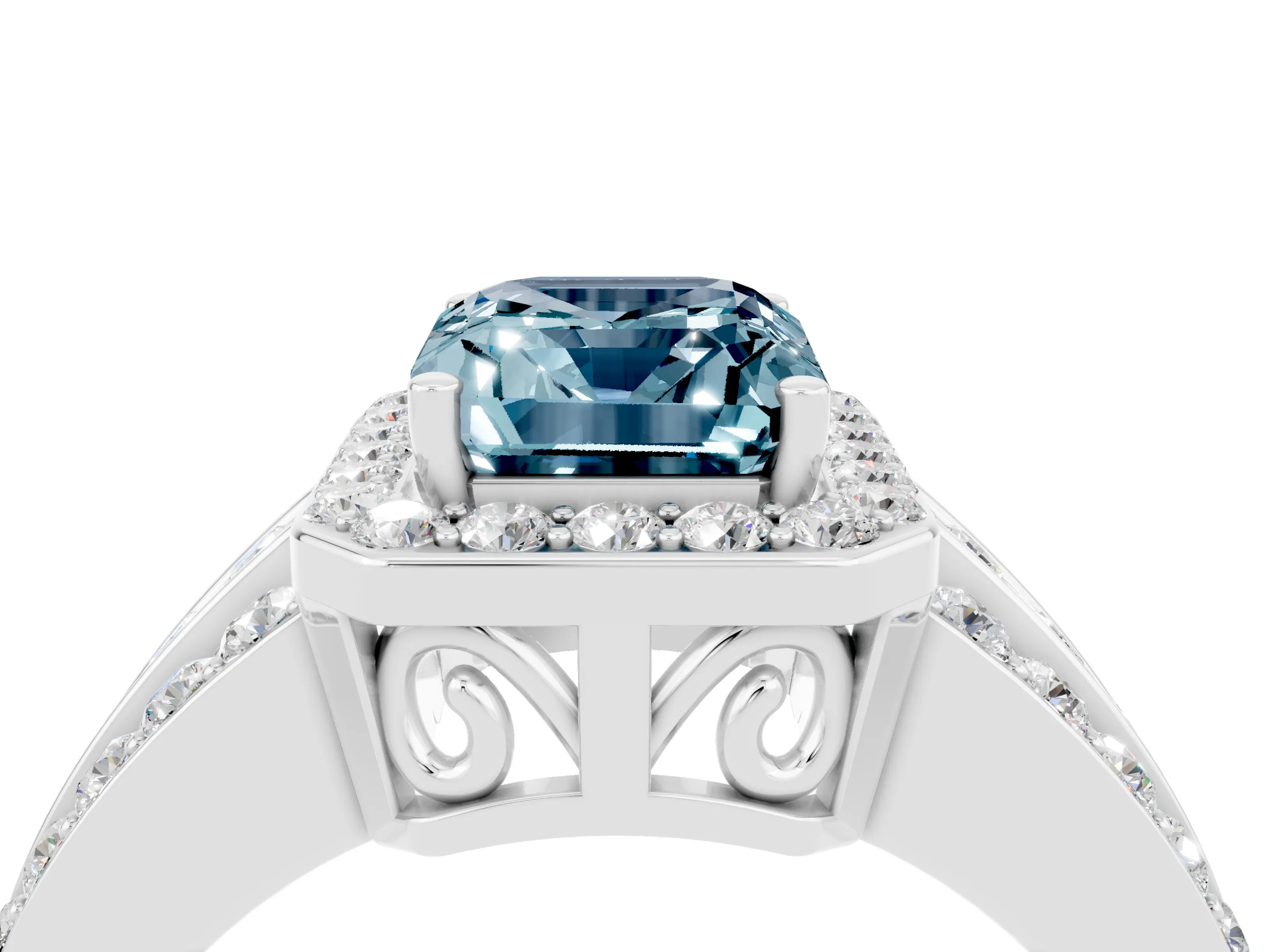 White gold Emerald Cut Halo Aquamarine Ring with Split Shank and Four-Prong Setting_4