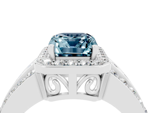 White gold Emerald Cut Halo Aquamarine Ring with Split Shank and Four-Prong Setting_4