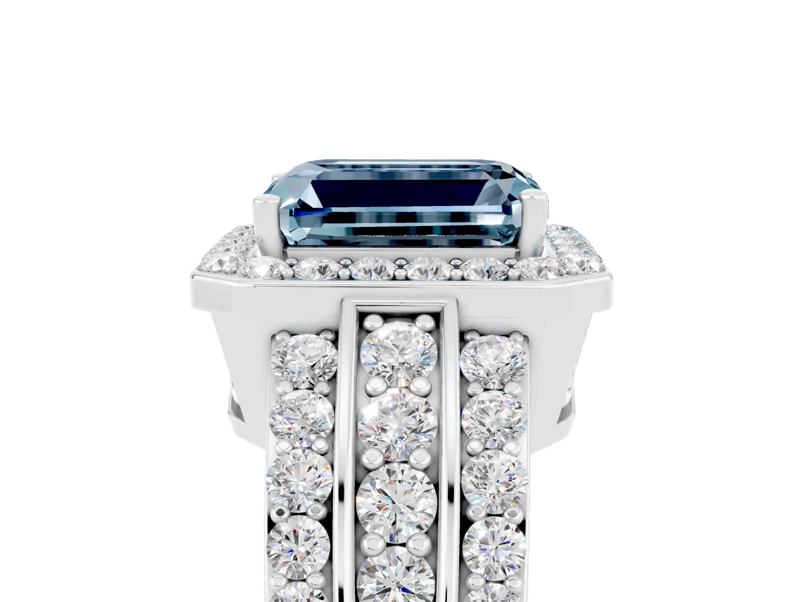 White gold Emerald Cut Halo Aquamarine Ring with Split Shank and Four-Prong Setting_5