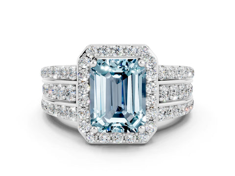 White gold Emerald Cut Halo Aquamarine Ring with Split Shank and Four-Prong Setting