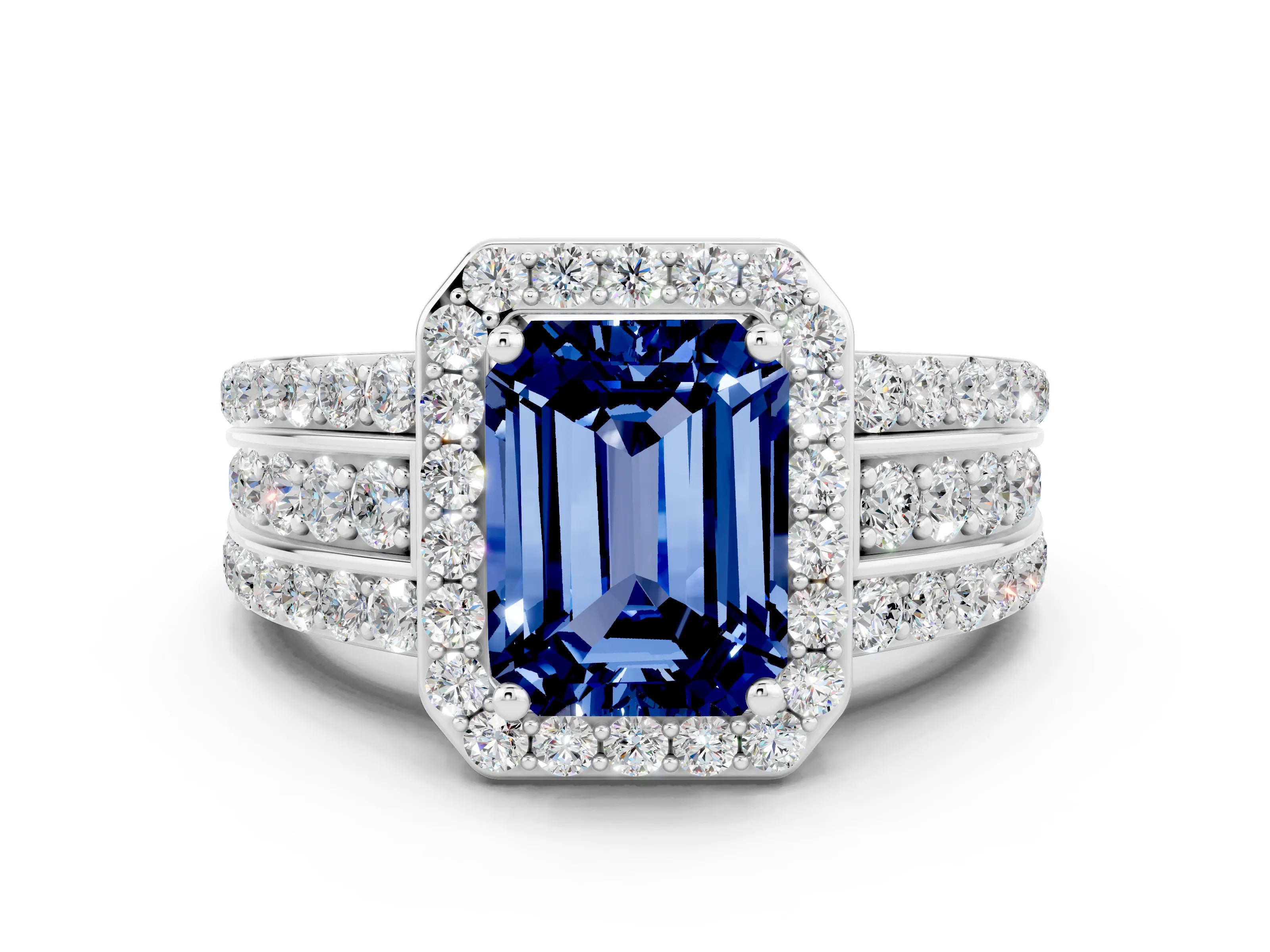 White gold Emerald Cut Halo Blue Sapphire Ring with Round  Split Shank and Prong Setting_12