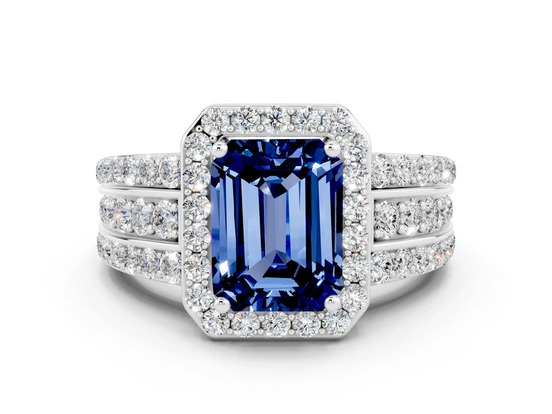 White gold Emerald Cut Halo Blue Sapphire Ring with Round  Split Shank and Prong Setting_12