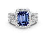 White gold Emerald Cut Halo Blue Sapphire Ring with Round  Split Shank and Prong Setting_12