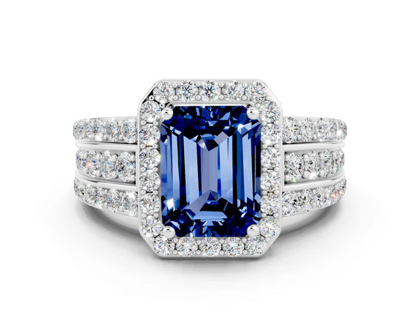 Platinum Emerald Cut Halo Blue Sapphire Ring with Round  Split Shank and Prong Setting
