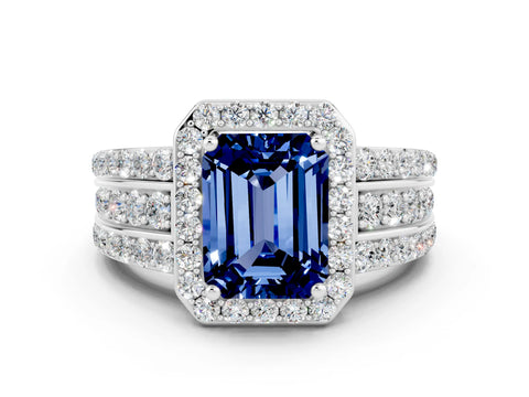 White gold Emerald Cut Halo Blue Sapphire Ring with Round  Split Shank and Prong Setting_12