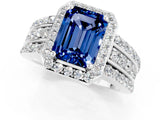 White gold Emerald Cut Halo Blue Sapphire Ring with Round  Split Shank and Prong Setting_13