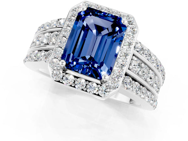 Platinum Emerald Cut Halo Blue Sapphire Ring with Round  Split Shank and Prong Setting