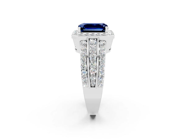 Platinum Emerald Cut Halo Blue Sapphire Ring with Round  Split Shank and Prong Setting