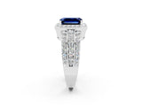 White gold Emerald Cut Halo Blue Sapphire Ring with Round  Split Shank and Prong Setting_14