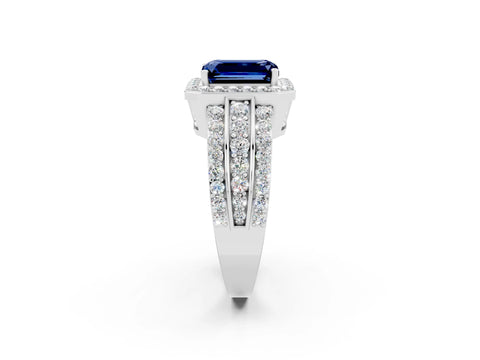 White gold Emerald Cut Halo Blue Sapphire Ring with Round  Split Shank and Prong Setting_14