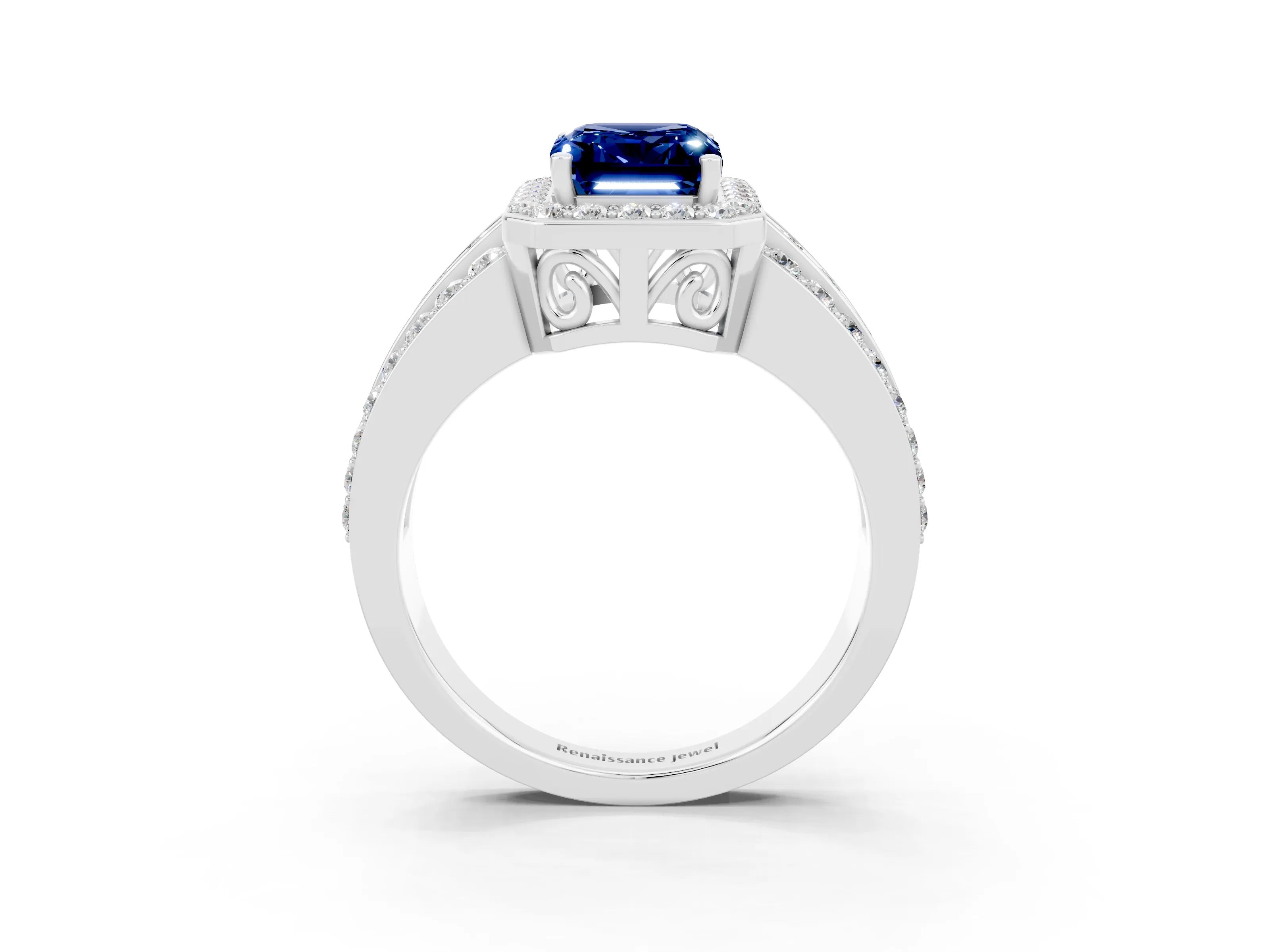 White gold Emerald Cut Halo Blue Sapphire Ring with Round  Split Shank and Prong Setting_15