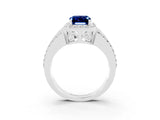 White gold Emerald Cut Halo Blue Sapphire Ring with Round  Split Shank and Prong Setting_15