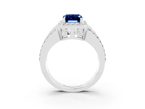 White gold Emerald Cut Halo Blue Sapphire Ring with Round  Split Shank and Prong Setting_15