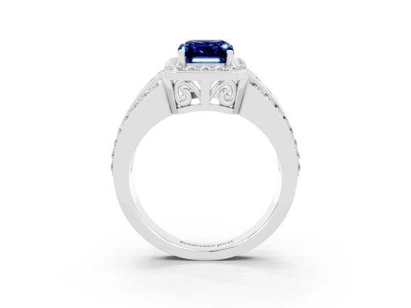 White gold Emerald Cut Halo Blue Sapphire Ring with Round  Split Shank and Prong Setting