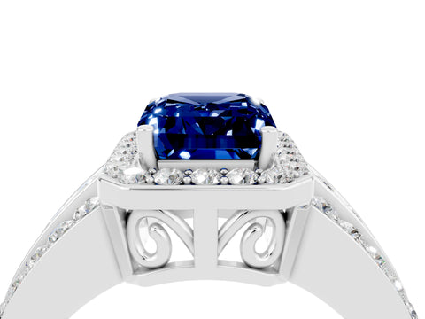 White gold Emerald Cut Halo Blue Sapphire Ring with Round  Split Shank and Prong Setting_16