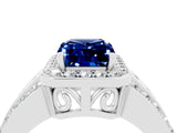 White gold Emerald Cut Halo Blue Sapphire Ring with Round  Split Shank and Prong Setting_16