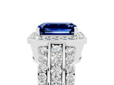 White gold Emerald Cut Halo Blue Sapphire Ring with Round  Split Shank and Prong Setting_17