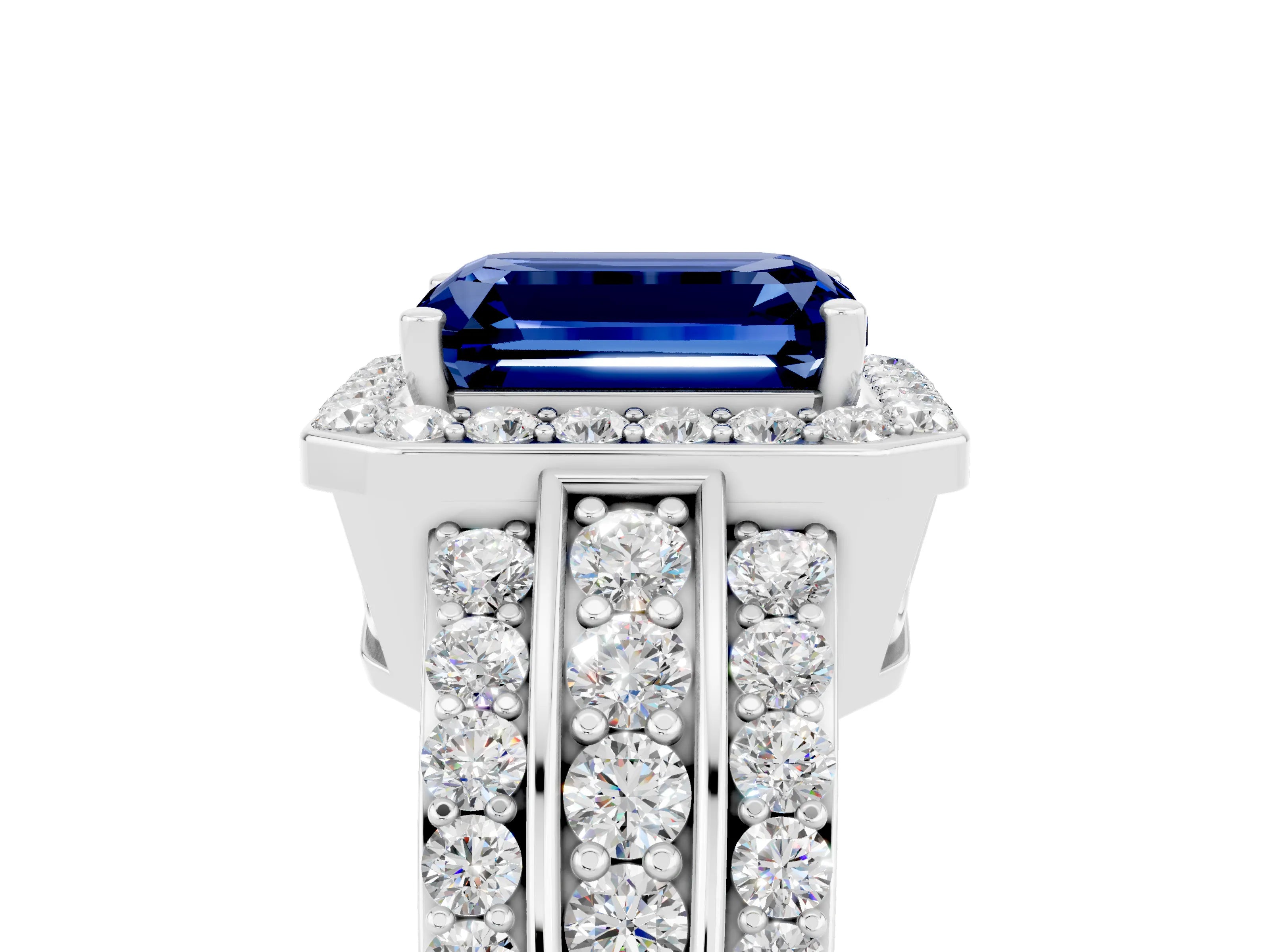White gold Emerald Cut Halo Blue Sapphire Ring with Round  Split Shank and Prong Setting_17