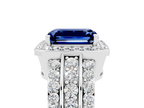 White gold Emerald Cut Halo Blue Sapphire Ring with Round  Split Shank and Prong Setting_17
