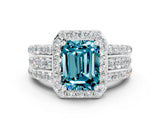 White gold Emerald Cut Halo Blue Topaz Ring with Round  Split Shank and Prong Setting_12