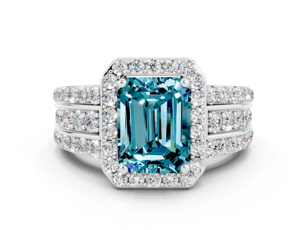 Silver Emerald Cut Halo Blue Topaz Ring with Round  Split Shank and Prong Setting