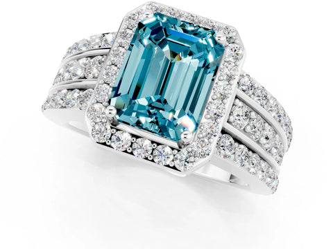 White gold Emerald Cut Halo Blue Topaz Ring with Round  Split Shank and Prong Setting_13