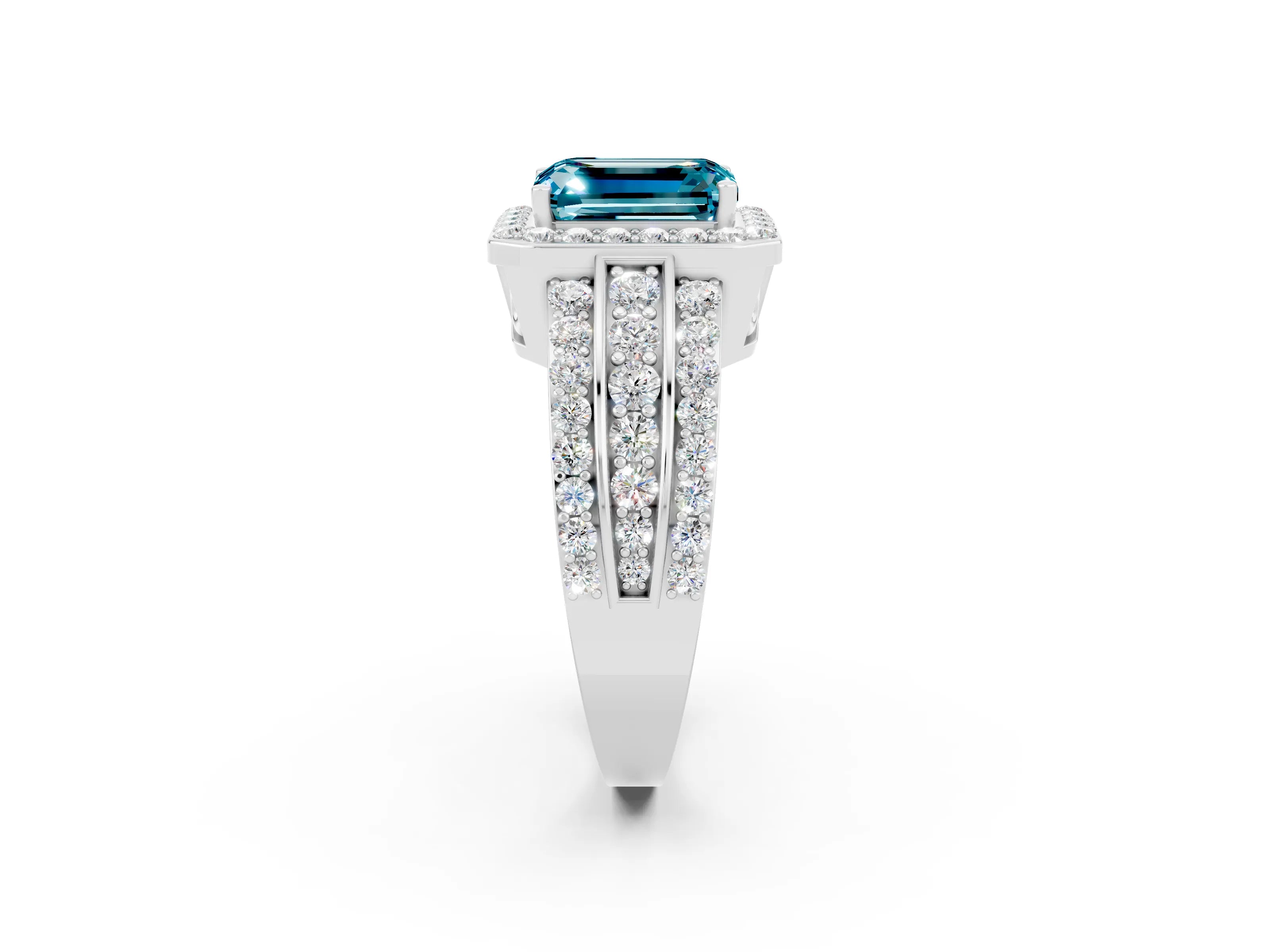 White gold Emerald Cut Halo Blue Topaz Ring with Round  Split Shank and Prong Setting_14
