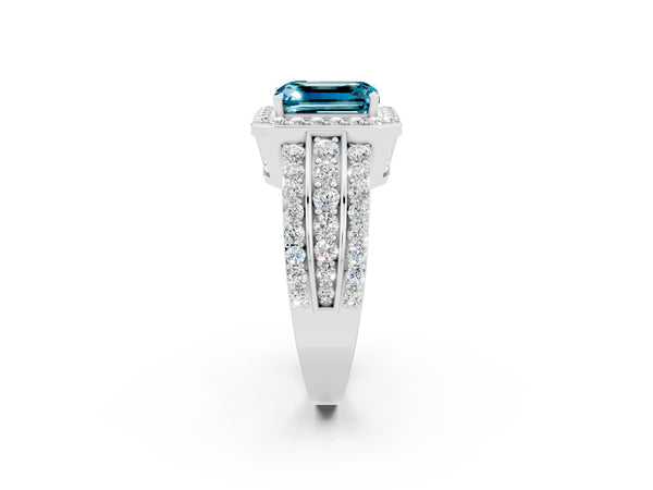 Silver Emerald Cut Halo Blue Topaz Ring with Round  Split Shank and Prong Setting