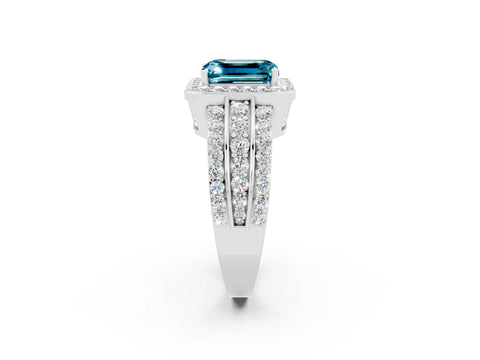 White gold Emerald Cut Halo Blue Topaz Ring with Round  Split Shank and Prong Setting_14
