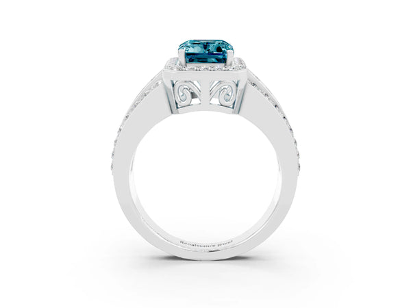 White gold Emerald Cut Halo Blue Topaz Ring with Round  Split Shank and Prong Setting