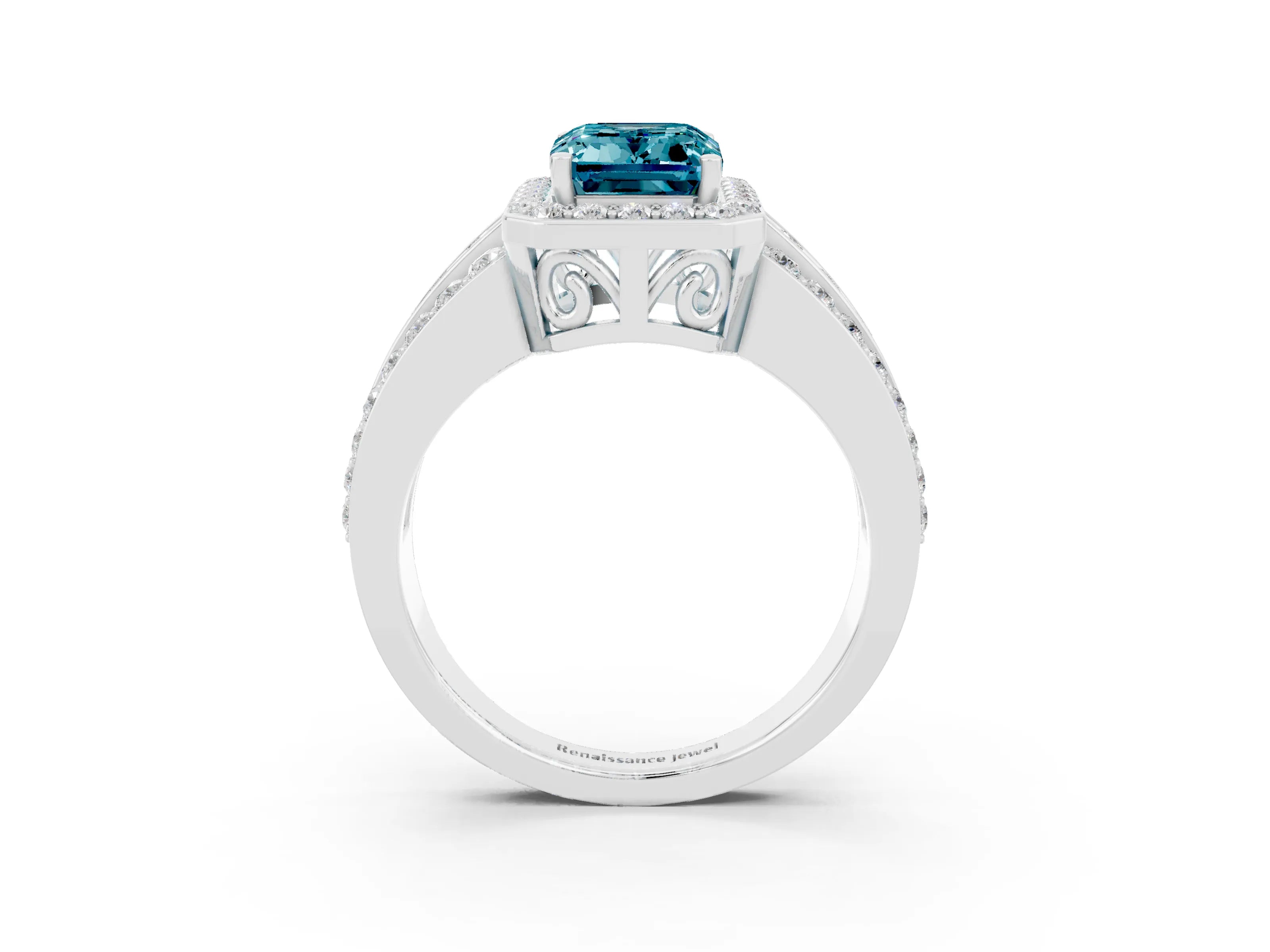 White gold Emerald Cut Halo Blue Topaz Ring with Round  Split Shank and Prong Setting_15