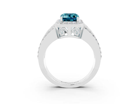 White gold Emerald Cut Halo Blue Topaz Ring with Round  Split Shank and Prong Setting_15