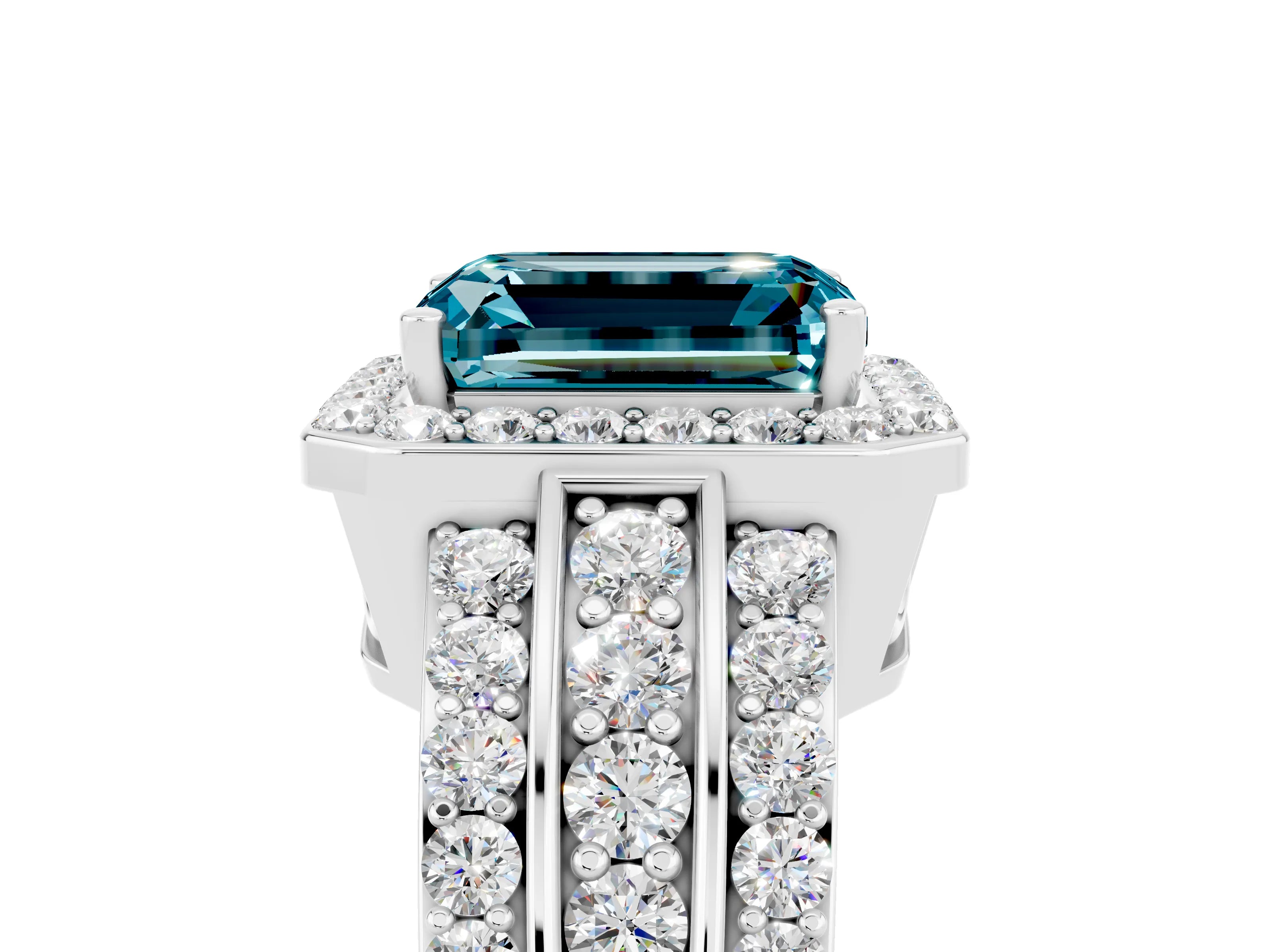 White gold Emerald Cut Halo Blue Topaz Ring with Round  Split Shank and Prong Setting_17