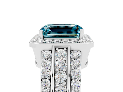 White gold Emerald Cut Halo Blue Topaz Ring with Round  Split Shank and Prong Setting_17