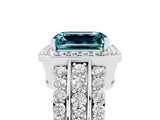 White gold Emerald Cut Halo Blue Topaz Ring with Round  Split Shank and Prong Setting_17