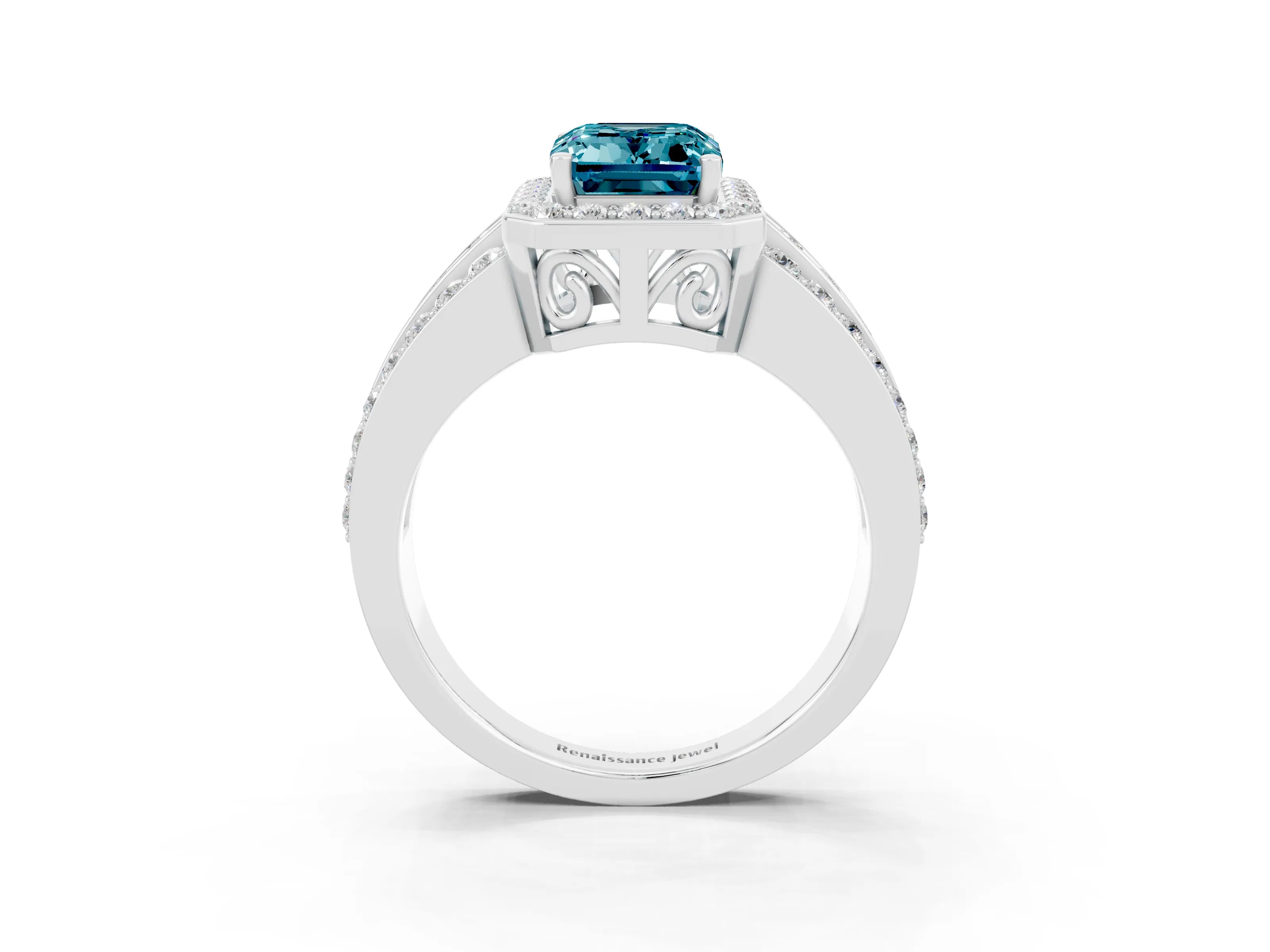 White gold Emerald Cut Halo Blue Topaz Ring with Split Shank and Four-Prong Setting_3