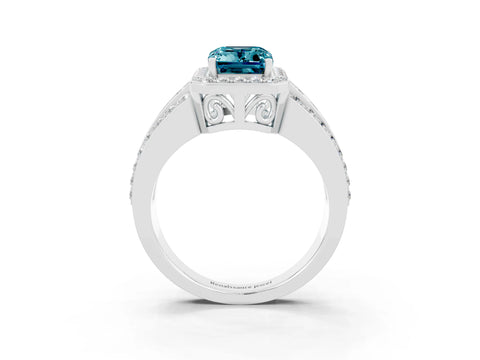 White gold Emerald Cut Halo Blue Topaz Ring with Split Shank and Four-Prong Setting_3