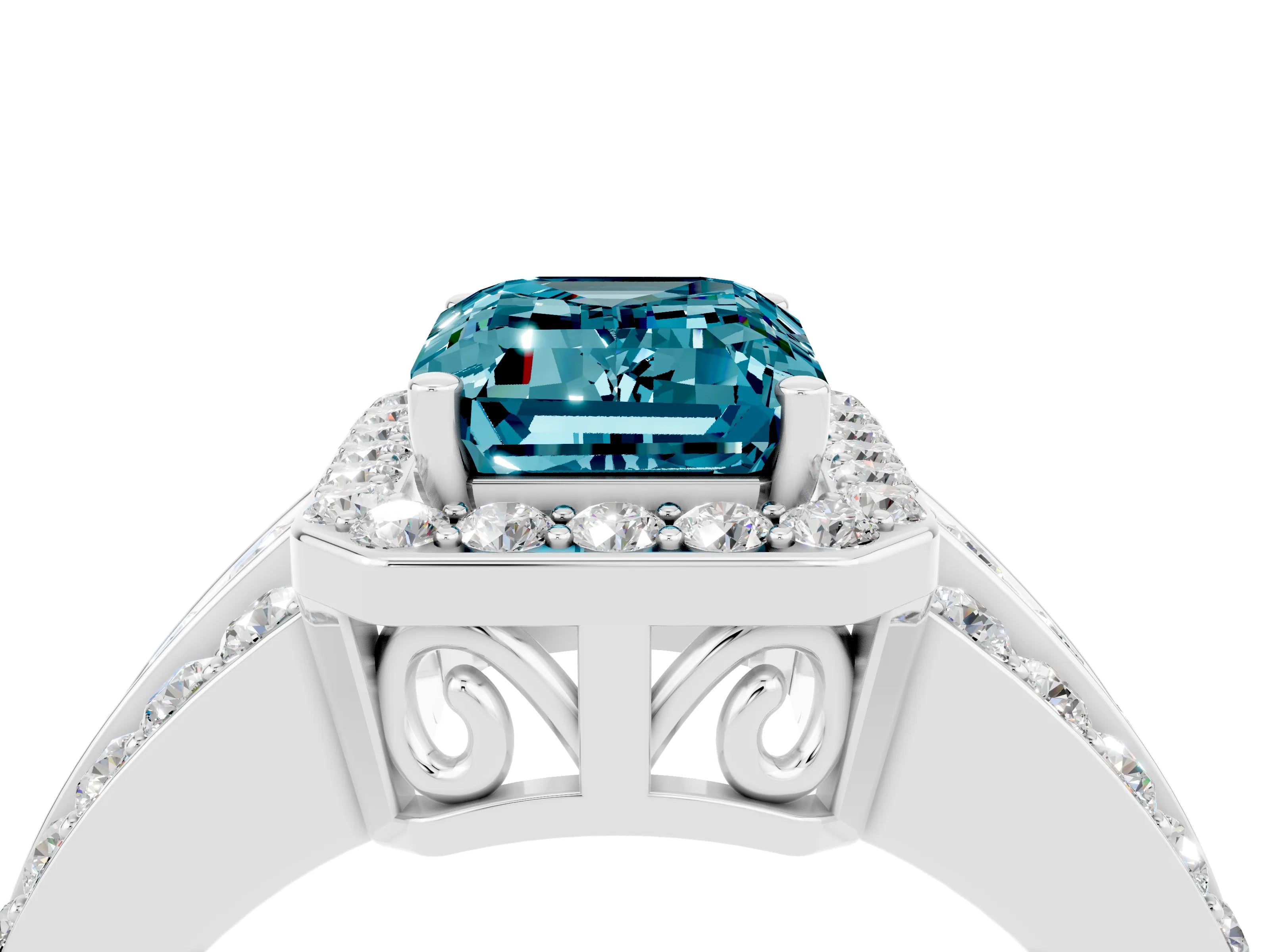 White gold Emerald Cut Halo Blue Topaz Ring with Split Shank and Four-Prong Setting_4