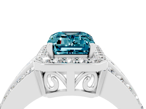 White gold Emerald Cut Halo Blue Topaz Ring with Split Shank and Four-Prong Setting_4